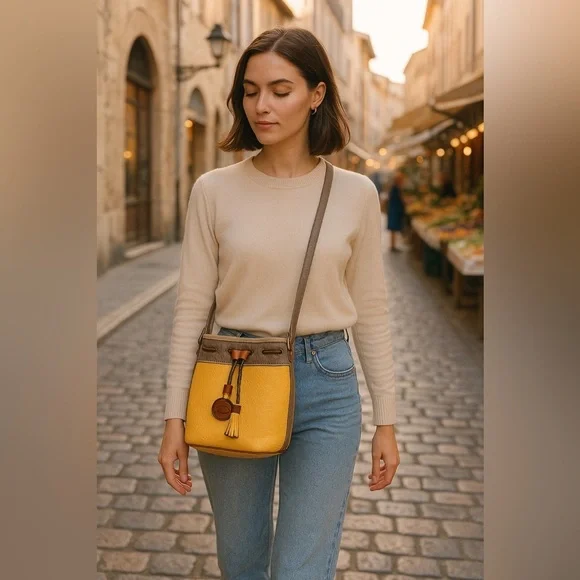Vtg Dooney & Bourke AWL Teton Drawstring Crossbody Bucket Bag Palomino Yellow - Picture 2 of 15